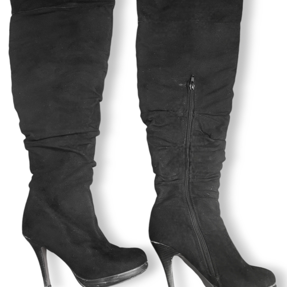 Knee High Suede Leather Black Stiletto High Heel Boots Red Bottoms Size 7 Goth - Picture 2 of 4